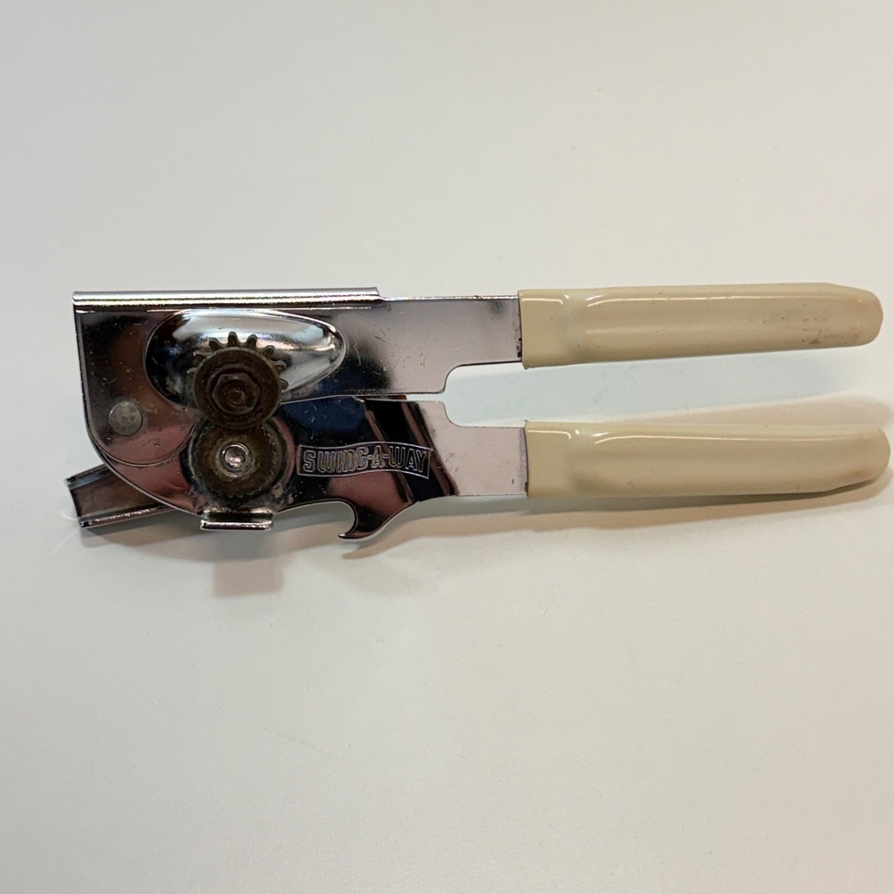 Swing-A-Way Can Opener Cream Handles Vintage Made In USA Manual Gear Driven